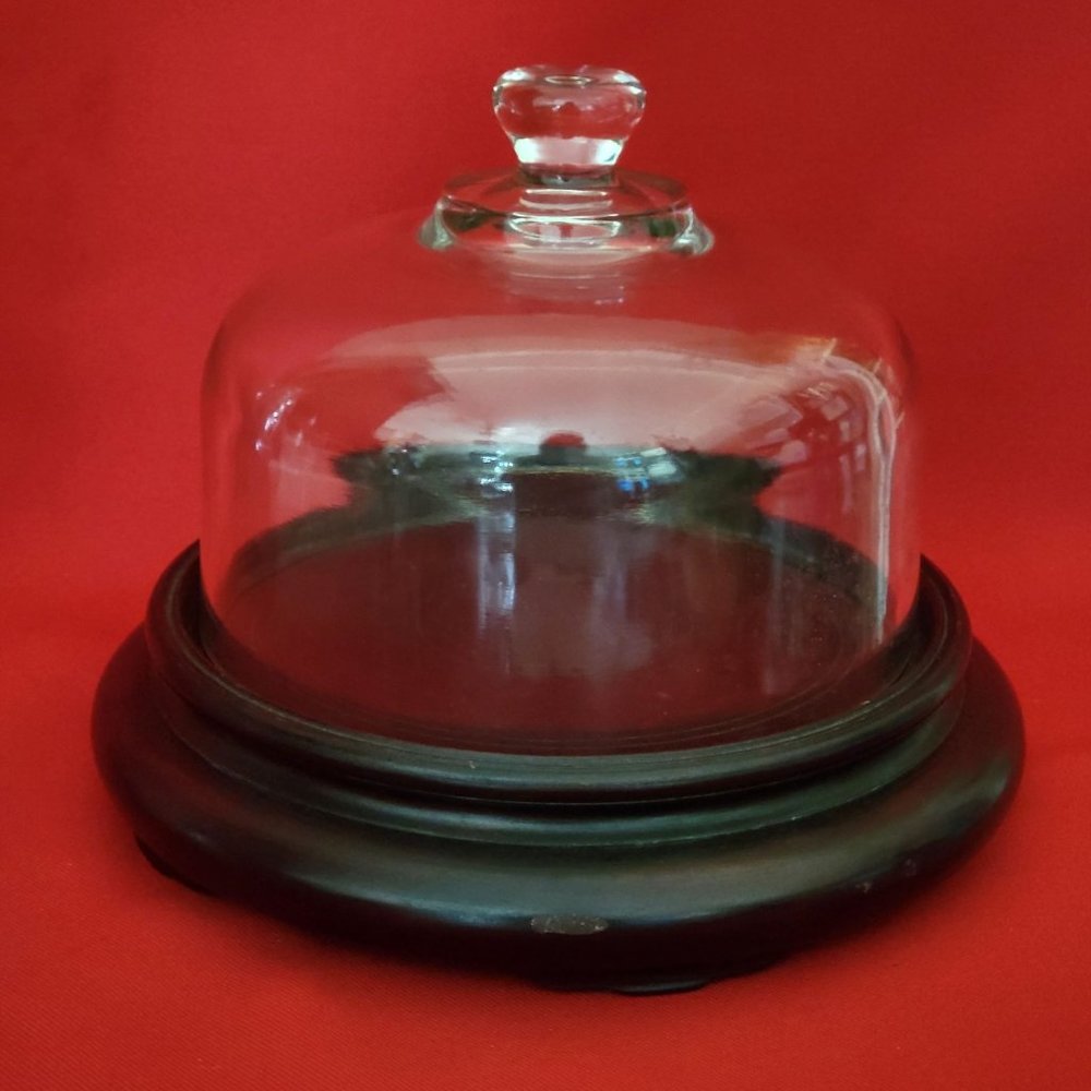 Glass Dome and Wooden Cheese Platter Butter Dish